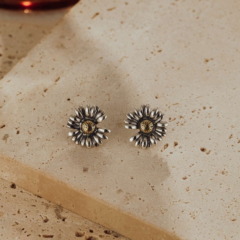 Sterling Silver Daisy Stud Earrings Two-Tone Vintage Museori